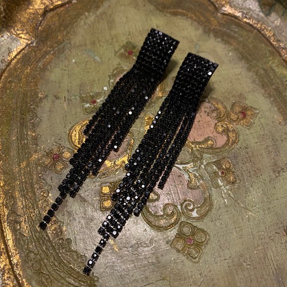 BLACK RHINESTONE CRYSTAL DANGLE 80S 90S - Picture 9 of 13